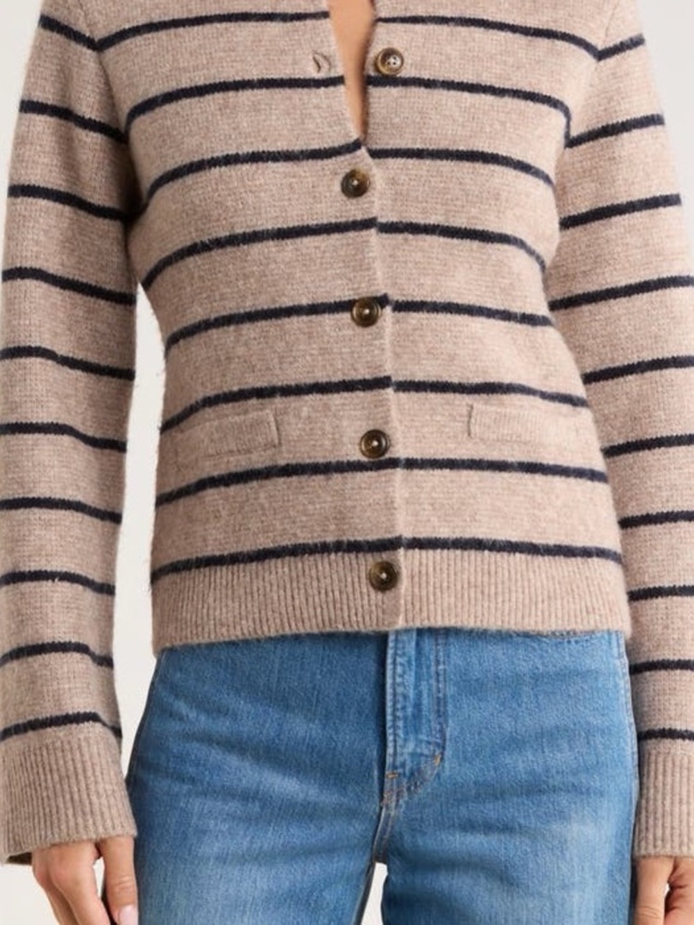 French Connection Beige and Navy Striped Button-Front Cardigan